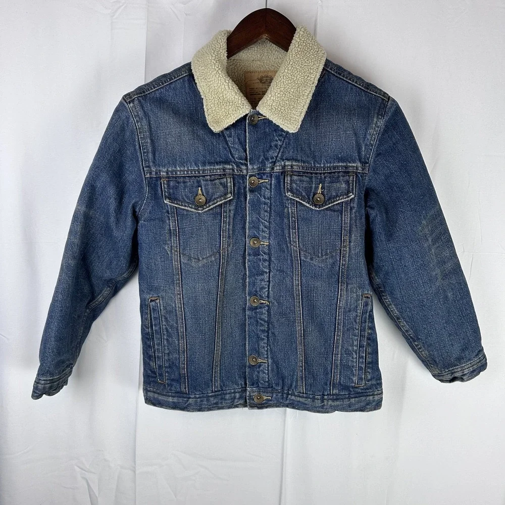 Old Navy Jacket Youth Medium Sherpa Lined Denim Trucker Shearling Collar Warm